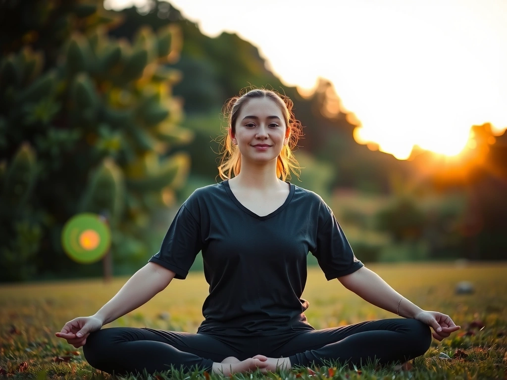 Mujer joven practicando yoga al aire libre al amanecer, simbolizando paz y equilibrio.