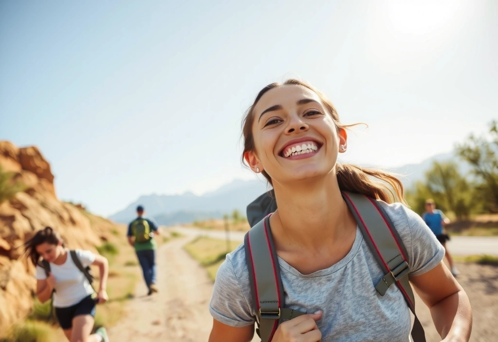 Persona sonriente llena de energía al aire libre, simbolizando beneficios de un estilo de vida saludable