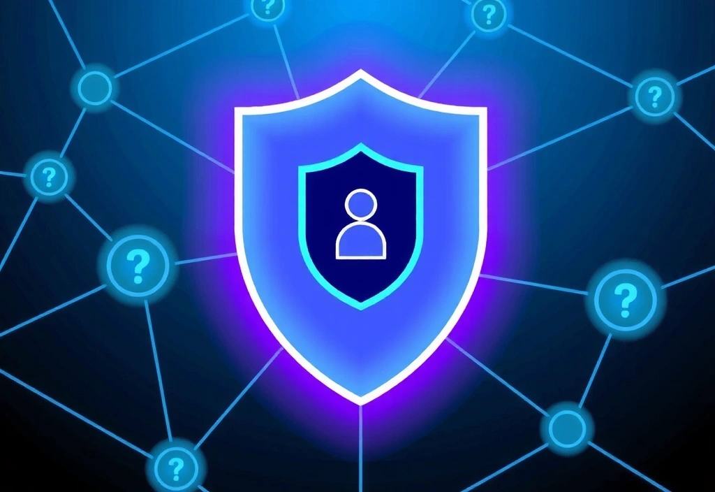 Un escudo digital que protege una red de datos, simbolizando la seguridad en línea y la conducta del usuario.