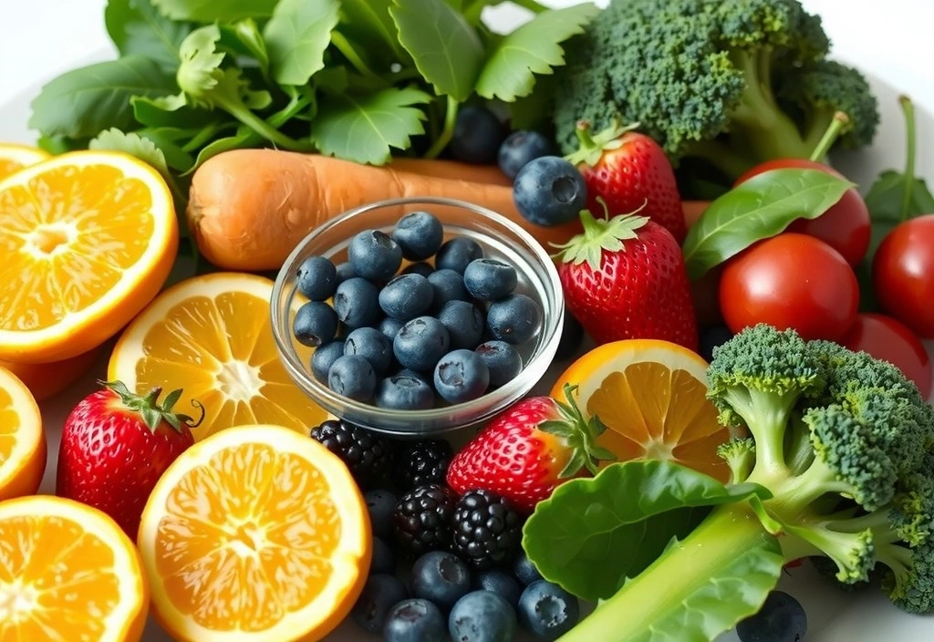 Una vibrante composición de frutas y verduras frescas, como naranjas, espinacas, zanahorias y bayas, simbolizando la riqueza de las vitaminas naturales.